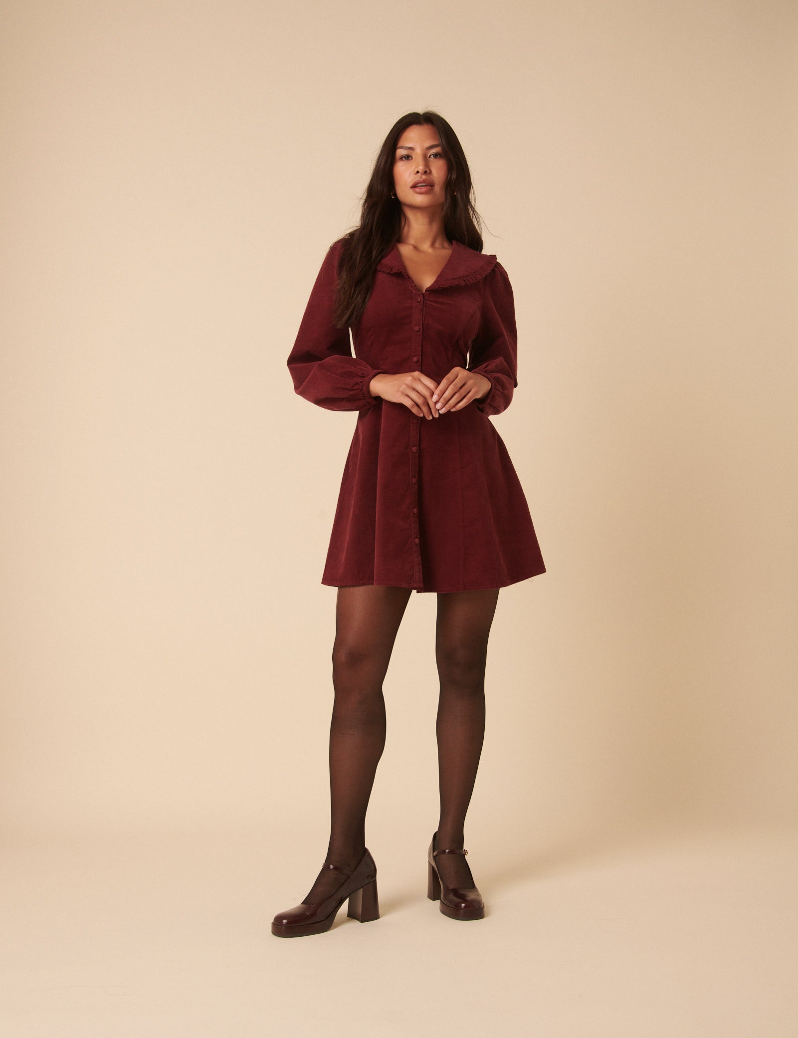 Burgundy Balloon Sleeve Cord Tiered Elsa Mini Dress Burgundy Balloon Sleeve Cord Tiered Elsa Mini Dress